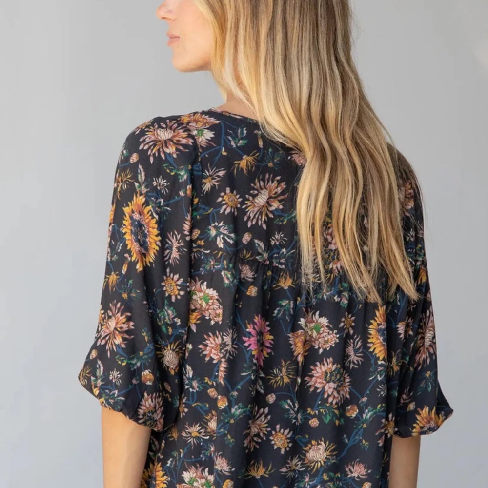NATURAL LIFE Maribel Black Floral V-Neck Blouse with Pink & Yellow Blooms - Picture 2 of 5